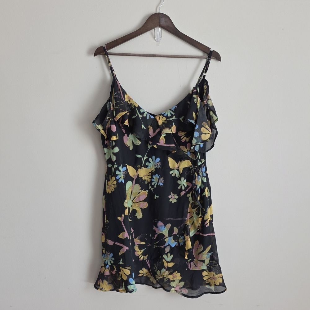 NWT Urban Outfitters Mini Dress Womens Large Black Floral‎ Cold Shoulder Ruffle - Picture 2 of 14